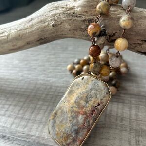 Faceted jasper stone pendant beaded long Necklace